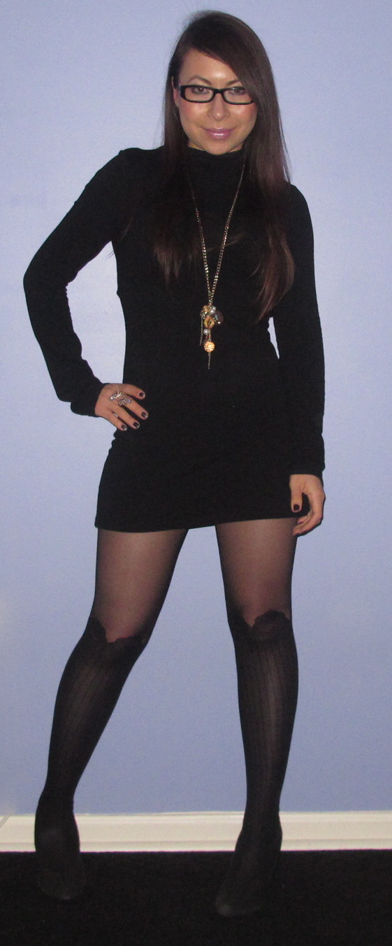Black dress with gold dots and black tights outfit side 1